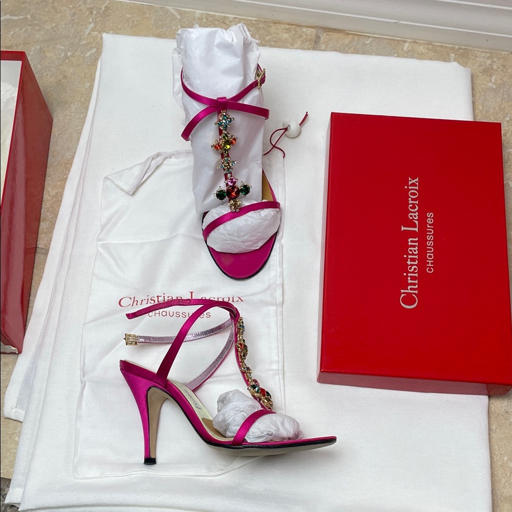 Christian Lacroix Fuchsia Strappy crystal embellished satin fuchsia pink Sandals